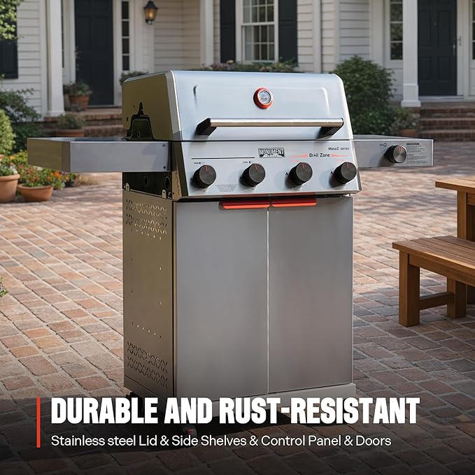 Monument Grills 4+1 Burner Stainless Steel 525 sq.in Propane Gas Grill 49000 BTU Assembles in 30 Mins Outdoor Mesa 2 Patio Grill with Broil Zone Side Burner Foldable Side Shelf Mesa II 415BZ