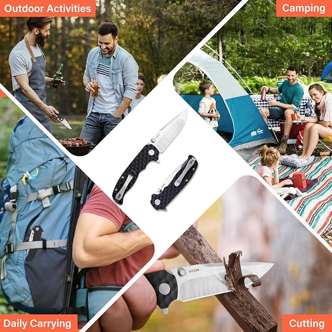 Men's Folding Pocket Knife – 3.4 Sandvik 14C28N Blade G10 Handle Ceramic Bearings Liner Lock Deep Pocket Clip – EDC Knife for Outdoor Hiking Survival Use