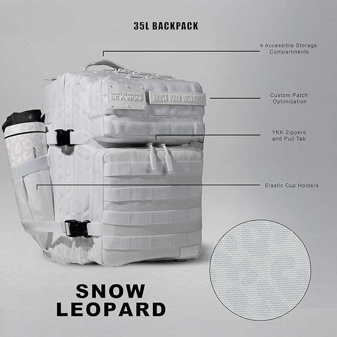 WOLFpak 35L Athletic Gym Backpack (Snow Leopard) Durable 1000D Waterproof Oxford Material with MOLLE Webbing Laptop Pocket &amp Dual Cup Holders Durable Fitness/Travel/Military Daypack