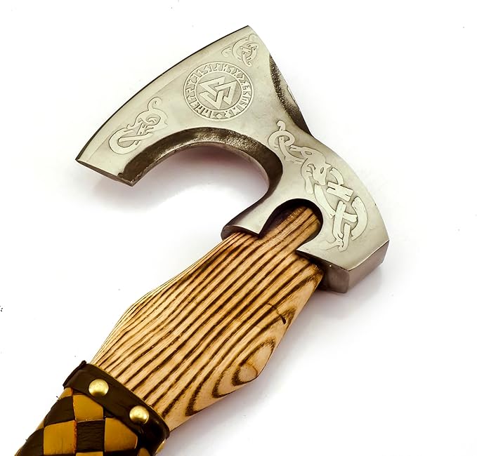 Custom Forged Carbon Steel Viking Style Bearded Axe - Real Hatchet Throwing &amp Camping Axe with Leather Wrap Best Gift for Anniversary Valentine's Day Birthday with Premium Leather Sheath