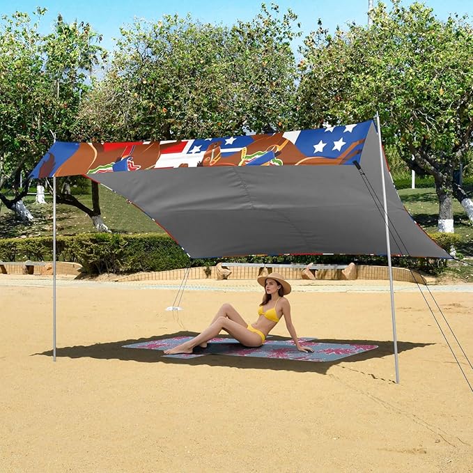 Cartoon American Cowboys Beach Tent Sun Shelter Set UPF50+ UV Protection 10.5 x 9.19 FT Camping Shade Canopy with Sandbags Sand Anchors Carrying Bag and Others