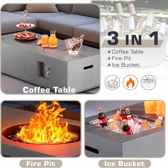 2-Piece 48 Rectangular Propane Fire Pit for Outside Patio with Hidden Tank Table &amp Ice Bucket 50000 BTU Fireplaces with Lid Glass Rocks Cover(Grey w/Ice Bucket)