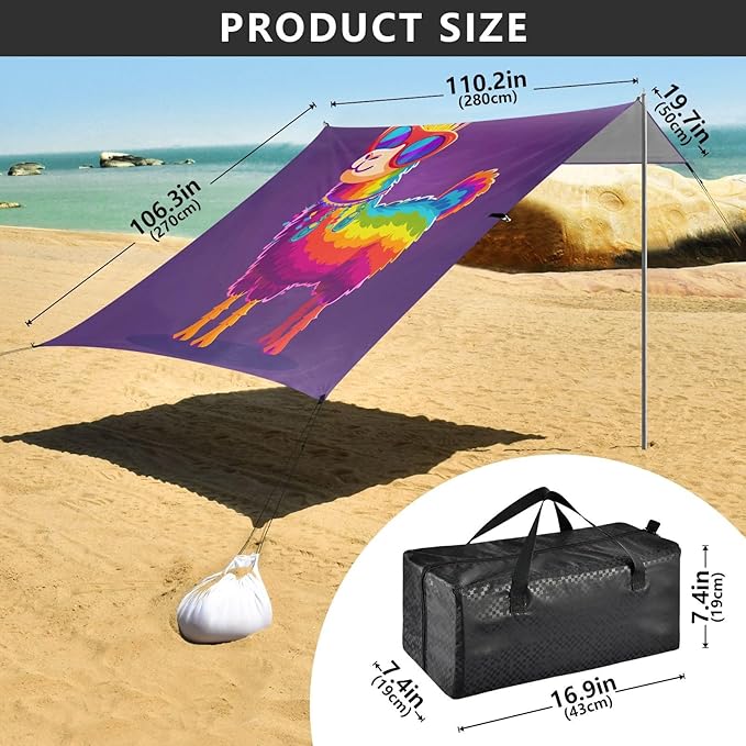 ALAZA Rainbow Color Llama Alpaca Beach Tent Sun Shelter UPF50+ Protection Beach Shade Canopy w/ 4 Sandbags for Outdoor Camping Fishing Backyard Fun Picnic 10x9 ft