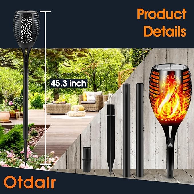 Otdair 96 LED Solar Lights Outdoor Upgraded 6 Pack 43 Tall &amp Super Larger Size Waterproof Tiki Torches for Outside 2200mAh Solar Solar Torch Light with Flickering Flame for Path Yard Garden