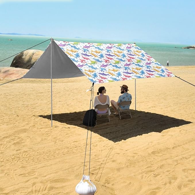 ALAZA Cute Shark Bubble Rainbow Color Beach Tent Sun Shelter UPF50+ Protection Beach Shade Canopy w/ 4 Sandbags for Outdoor Camping Fishing Backyard Fun Picnic 10x9 ft