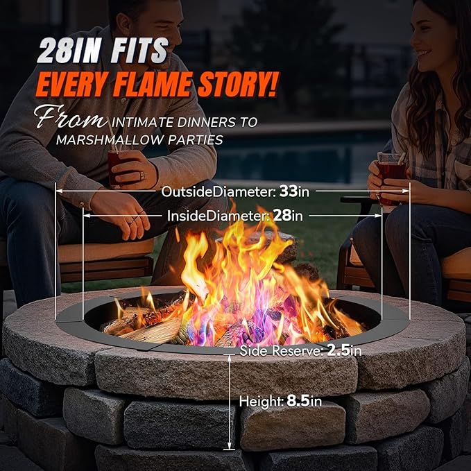 INNOSTAGE 28 Inch Fire Pit Ring (33 Inch Outer) Heavy Duty Steel Fire Ring for Outside Large Round Fire Pit Insert DIY Camping Fire Ring Above or In-Ground Black Carbon for Backyard Patio Bonfire