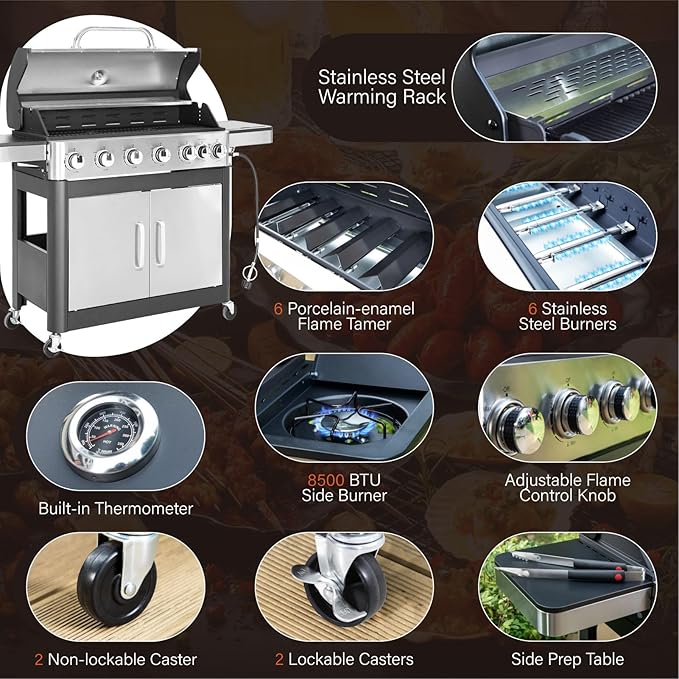 Sophia &amp William 6-Burner Propane Gas BBQ Grill with Side Burner &amp Porcelain-Enameled Cast Iron Grates Stainless Steel Barbecue Grills Outdoor Cooking for Outside 665 SQ.IN. Cooking Area 65