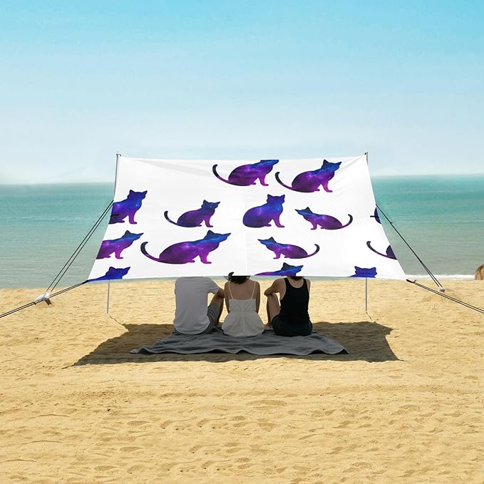 xigua Cat Pattern Beach Tent Sun Shelter with Carrying Bag - Silver Coated Oxford Fabric Beach Canopy for Beach Camping Fishing - Includes Windproof Ropes Sandbags &amp Stakes