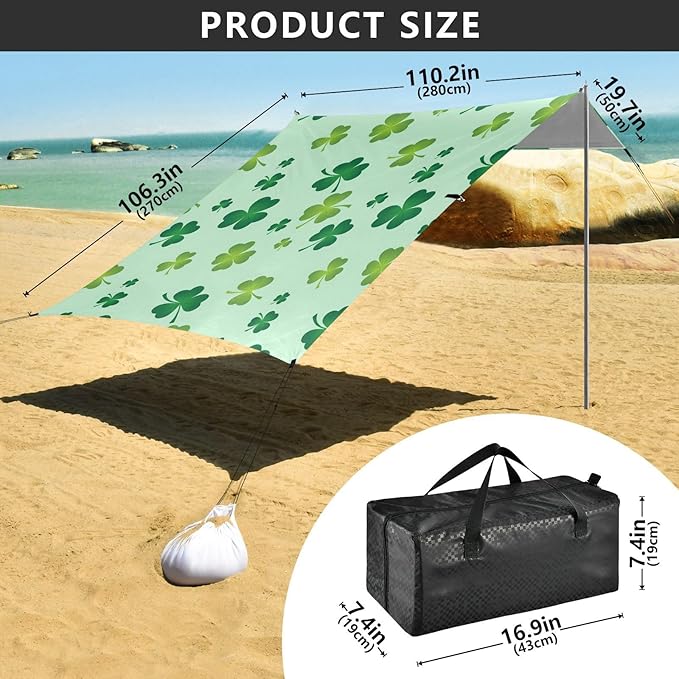 Beach Canopy with Windproof Ropes &amp Sandbags Beach Tent Sun Shade Sun Shelter for Camping Trips Fishing Backyard Fun or Picnics St. Patrick's Day Clover