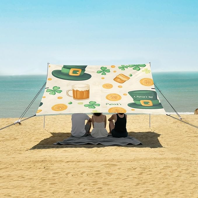 xigua St. Patrick's Day Beach Tent Sun Shelter with Carrying Bag - Silver Coated Oxford Fabric Beach Canopy for Beach Camping Fishing - Includes Windproof Ropes Sandbags &amp Stakes