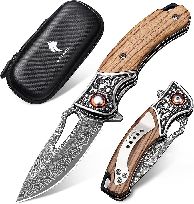 Damascus Pocket Knife with Wooden Handle Sharp 3.54 Damascus Steel Blade Folding Knives for EDC Outdoor Camping Hiking Collection