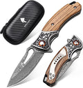 Damascus Pocket Knife with Wooden Handle Sharp 3.54 Damascus Steel Blade Folding Knives for EDC Outdoor Camping Hiking Collection
