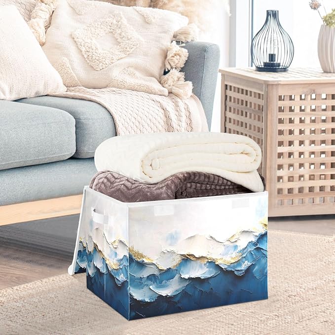 Storage Cube with Lid Pastel Wave Print 16.5×12.6×11.8 IN Collapsible Large Capacity Foldable Storage Basket Bin Organizer