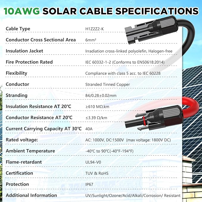 Oududianzi Solar Extension Cable 60Ft 10AWG Solar Cable 10 Gauge Tinned Copper PV Wire Solar Panel Wires and connectors for Home Roofs RV Camping Boats Solar Panels Set of 2