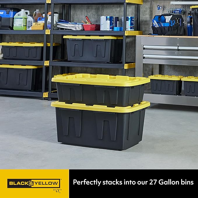CX BLACK &amp YELLOW 15-Gallon Heavy Duty Tough Storage Container &amp Snap-Tight Lid (9.5H x 20.6W x 30.6D) Weather-Resistant Design and Stackable Organization Tote [3 Pack]