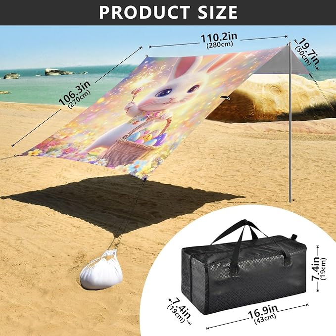 Easter Magical Bunny Beach Cabana UPF50+ Water-Resistant Sun Shelter with Sandbags Sand Shovel Poles for Backyard and Camping