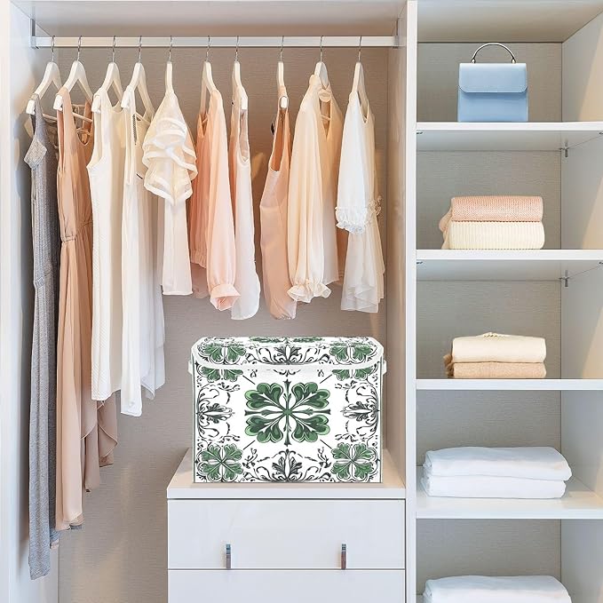 Lucky Leaf Tile Pattern Fabric Storage Bins with Lids and HandleFoldable Storage Bins with LidsCloset Organizers for Clothes Storage Room Organization Office Storage Chest Organizer