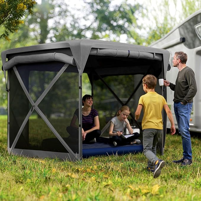11x11ft Quality Construction Pop-Up Gazebo Screen Tent with Removable Roof Cover and Retractable Wind Panels in Dark Gray