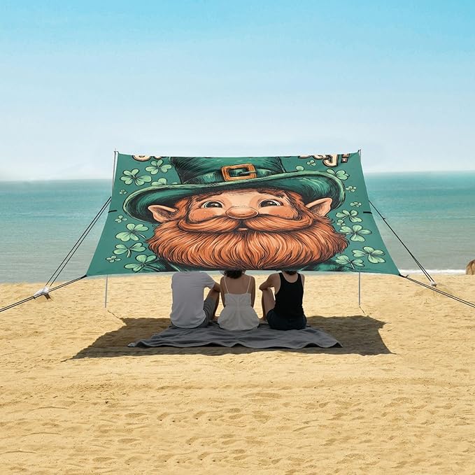 St Patrick's Day Leprechaun Beach Tent Sun Shelter Set UPF50+ UV Protection 10.5 x 9.19 FT Camping Shade Canopy with Sandbags Sand Anchors Carrying Bag and Others