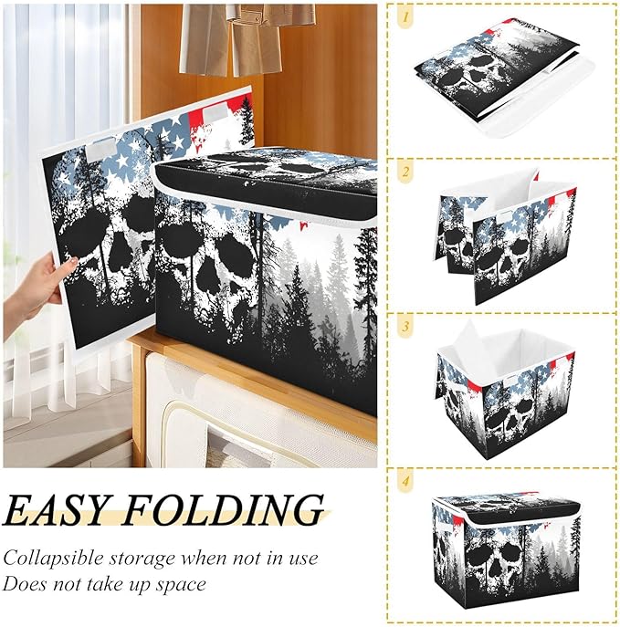 Skull Forest Print Storage Basket Bins with Lid Foldable Flip-top with Handle for Home Office 16.5×12.6×11.8 in 1 Pack