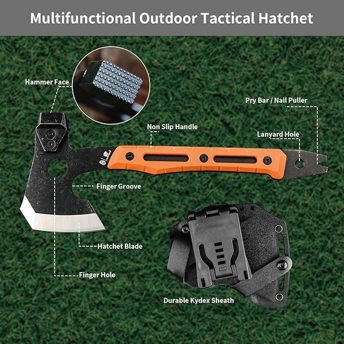 HX OUTDOORS Multifunctional Splitting Axe Full Tang Survival Camping Tactical Wood HatchetCamp Bushcraft Hand Axes with Hammer and Nail Puller (Orange)