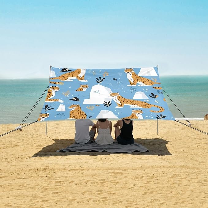 Modern Leopard Pattern Foldable Beach Canopy UPF50 Lightweight Large Sun Shelter with Sand Pockets for Camping Picnics Backyard &amp Fishing