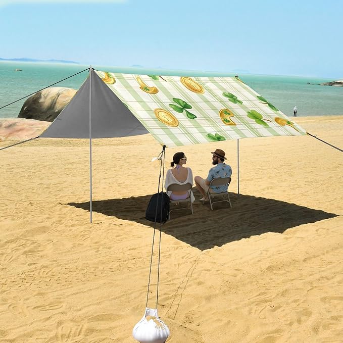 xigua St. Patrick's Day Beach Tent Sun Shelter with Carrying Bag - Silver Coated Oxford Fabric Beach Canopy for Beach Camping Fishing - Includes Windproof Ropes Sandbags &amp Stakes