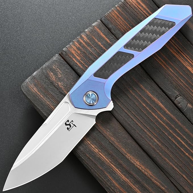 Sitivien ST996 Folding KnifeHandmade M390 Pearlescent Polishing BladeTitanium &amp Carbon Fiber Handle Pocket Knife for Outdoor CampingHikingHunting(Blue)
