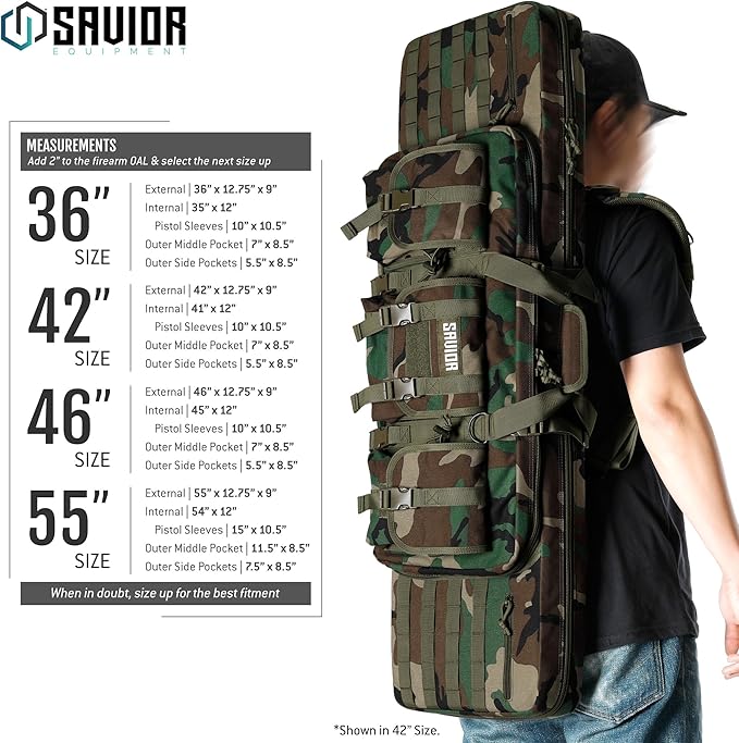 Savior Equipment American Classic Tactical Double Long Gun Bag Pistol Transportation Case w/Backpack Strap Lockable Compartment Available Length in 32 36 42 46 51 55