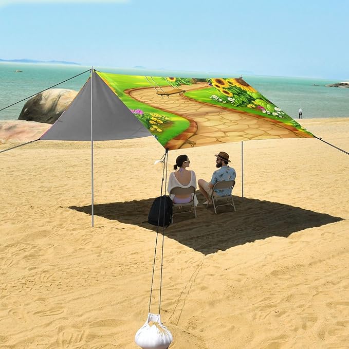 Beach Canopy with Windproof Ropes &amp Sandbags Beach Tent Sun Shade Sun Shelter for Camping Trips Fishing Backyard Fun or Picnics Landscape