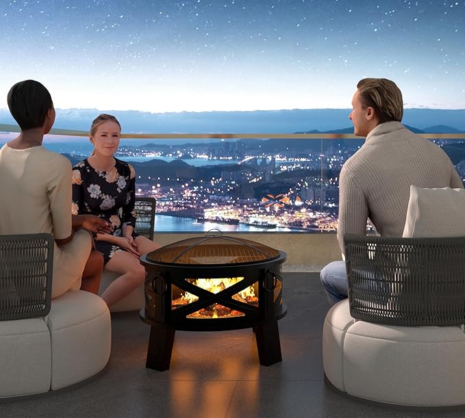 Fire Beauty 26Steel Fire Pit with Grill Grate&ampSpark Screen360° Airflow Boost TechnologyLess SmokeLarger FlamesHeavy-Duty Portable Camping Fire Pit for BackyardBeachRV (22lbs4 HandlesDual-