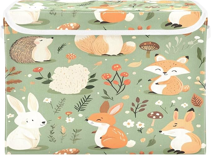 Woodland Animal Storage Box with Lid and Handles Large Collapsible Fabric Storage Basket Closet Organizer Bin Woodland Animal Basket for Nursery Bedroom Office