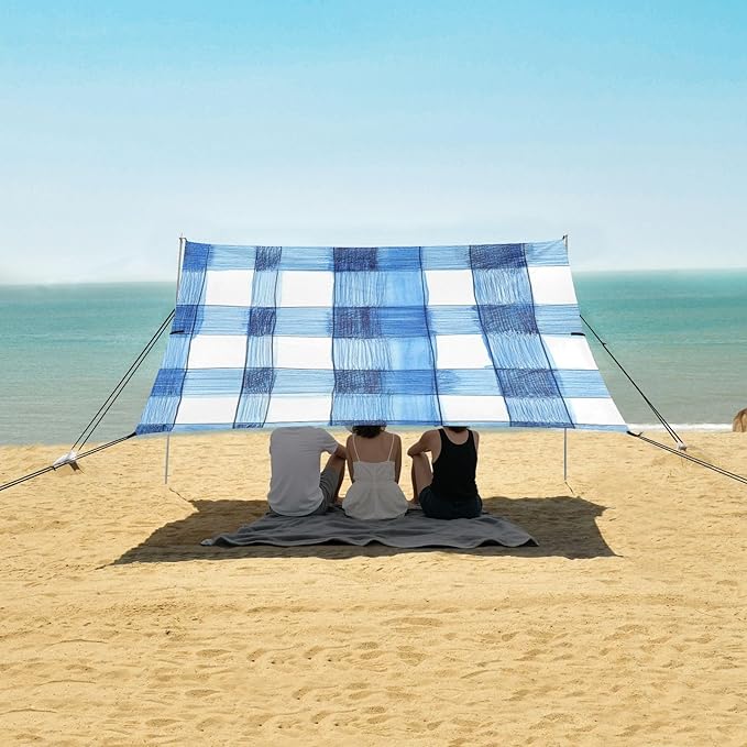 Cornflowerblue Checked Hand-Drawn Sketch Foldable Beach Canopy UPF50+ Lightweight Large Portable Sun Shelter with Sandbags Sand Shovel Poles for Camping Picnics Backyard