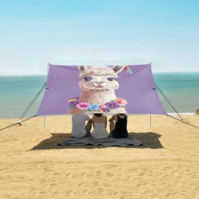 ALAZA Cute Llama Alpaca Wreath Beach Tent Sun Shelter UPF50+ Protection Beach Shade Canopy w/ 4 Sandbags for Outdoor Camping Fishing Backyard Fun Picnic 10x9 ft