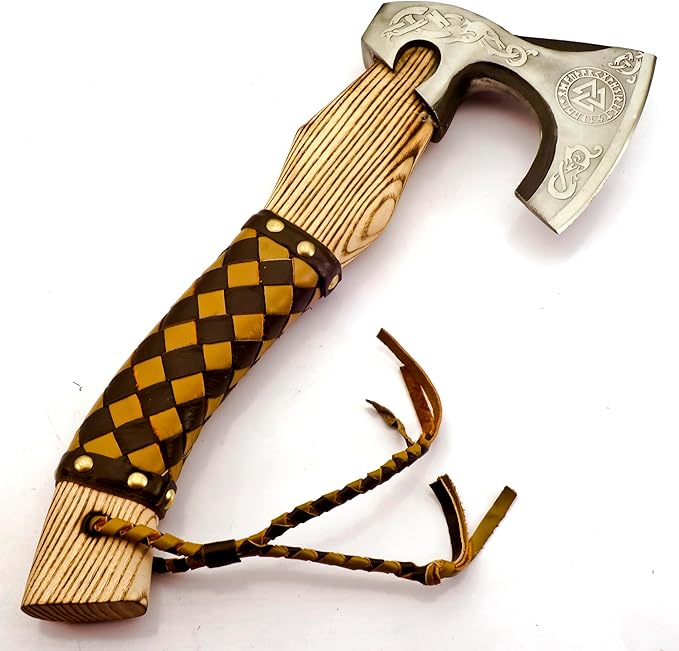 Custom Forged Carbon Steel Viking Style Bearded Axe - Real Hatchet Throwing &amp Camping Axe with Leather Wrap Best Gift for Anniversary Valentine's Day Birthday with Premium Leather Sheath
