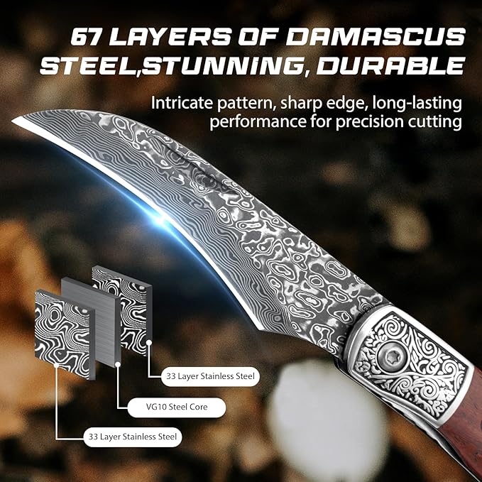 DRACHENADER Mushroom Knife with Brush Folding Foraging Knife with VG10 Damascus Steel Blade Curved Blade Mushroom Harvesting Knives with Leather Sheath for Camping