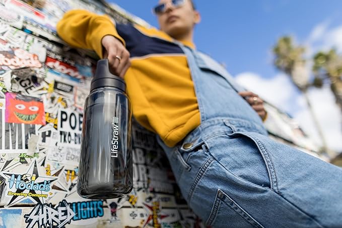 LifeStraw Go Series – BPA-Free Water Filter Bottle for Travel and Everyday Use Removes Bacteria Parasites and Microplastics Improves Taste 1L 2-Pack Icelandic Blue and Aegean Sea