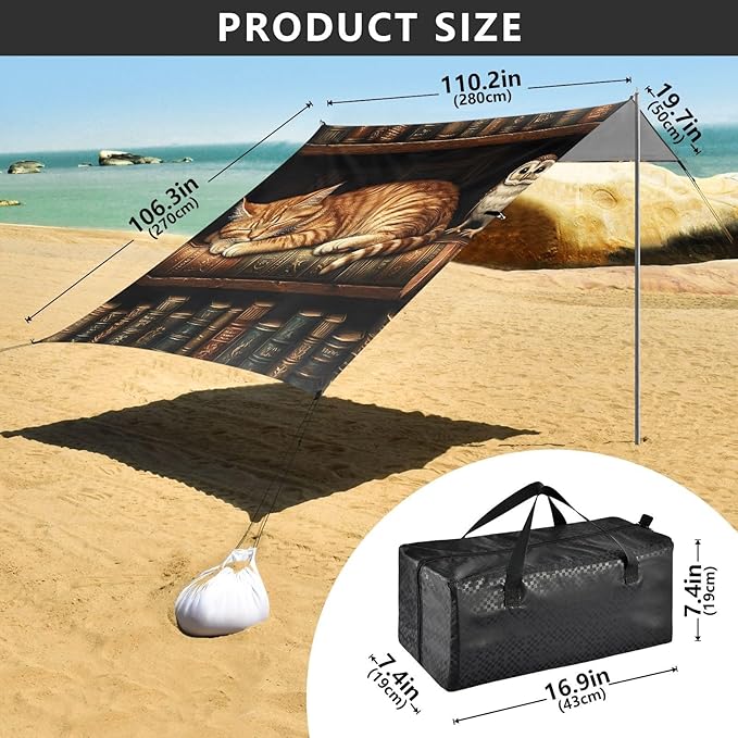 ALAZA Cat Owl Book Beach Tent Sun Shelter Portable Canopy Sunshade for Outdoor Camping Picnics Backyard Fun 10x9 ft