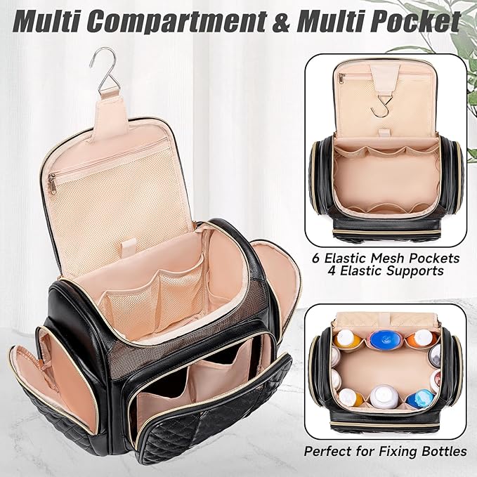 Large Leather Toiletry Bag for Women MenBathroom BagWater Resistant Shower BagMakeup BagPortable Shower Caddy for College DormHanging Travel Toiletry Bag with Transparent Waterproof Phone Pocket