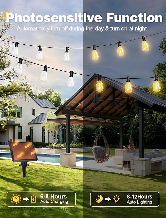 Tenmiro 120FT Solar Outdoor String Lights with Remote and 32+2 LED Shatterproof Bulbs Dimmable &amp Timing 3 Light Modes Solar Patio String Lights for Cafe Garden Deck Outside Wedding Last for 10+
