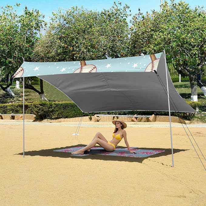 xigua Baseball Beach Tent Sun Shelter with Carrying Bag - Silver Coated Oxford Fabric Beach Canopy for Beach Camping Fishing - Includes Windproof Ropes Sandbags &amp Stakes
