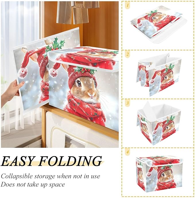 AIXIWAWA Lidded Storage Cube (Bunny Christmas) Fabric Foldable Closet Bins with Flip Lid and Handles Organizer Basket Container 16.5 x 12.6 x 11.8 IN