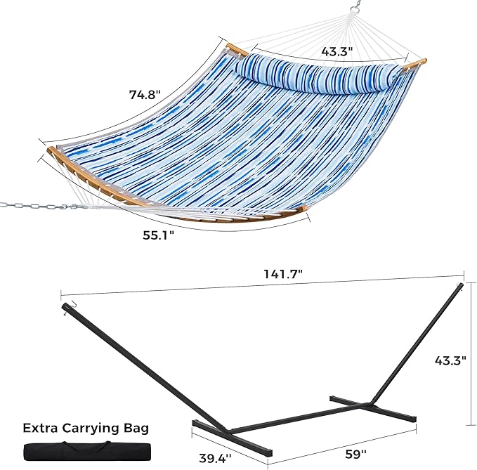 SUPERJARE Hammock with Stand 2 Person Heavy Duty Hammock Frame Detachable Pillow &amp Strong Curved-Bar &amp Portable Carrying Bag Perfect for Outdoor &amp Indoor - Graffiti Blue