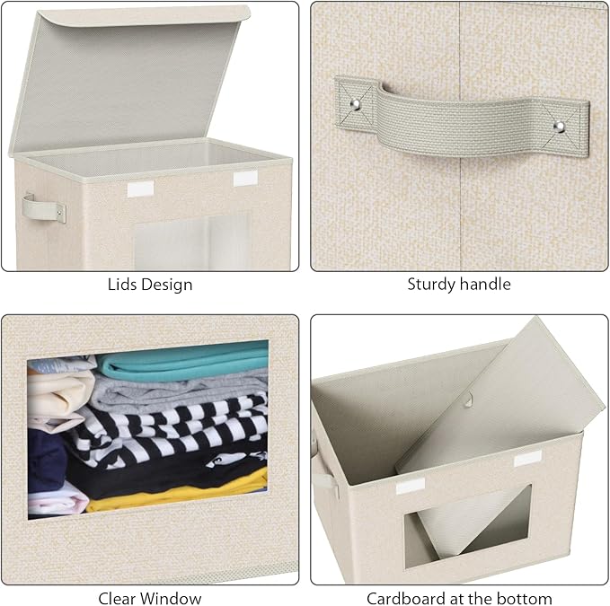 Univivi Collapsible Stackable Storage Bins with Lids [4-Pack] Foldable Fabric Closet Organizer Basket Closet Organizers and Storage Cube Storage Bin for Home Office Bedroom (Beige 17“ x 12” x 12)