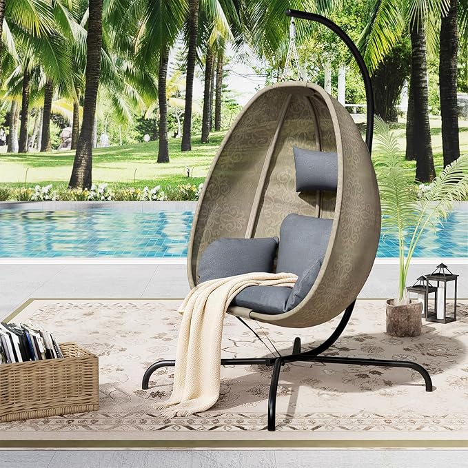 ALAULM Foldable Egg Chair with Stand 485LBS Capacity Textilene Hammock Swing Chair for Outdoor &amp Indoor Hanging Chair with Strong Frame &amp UV Resistant Cushion for Balcony Bedroom Light Gra