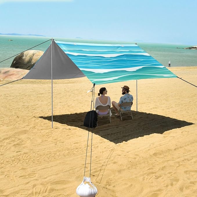 Beach Canopy with Windproof Ropes &amp Sandbags Beach Tent Sun Shade Sun Shelter for Camping Trips Fishing Backyard Fun or Picnics Waves