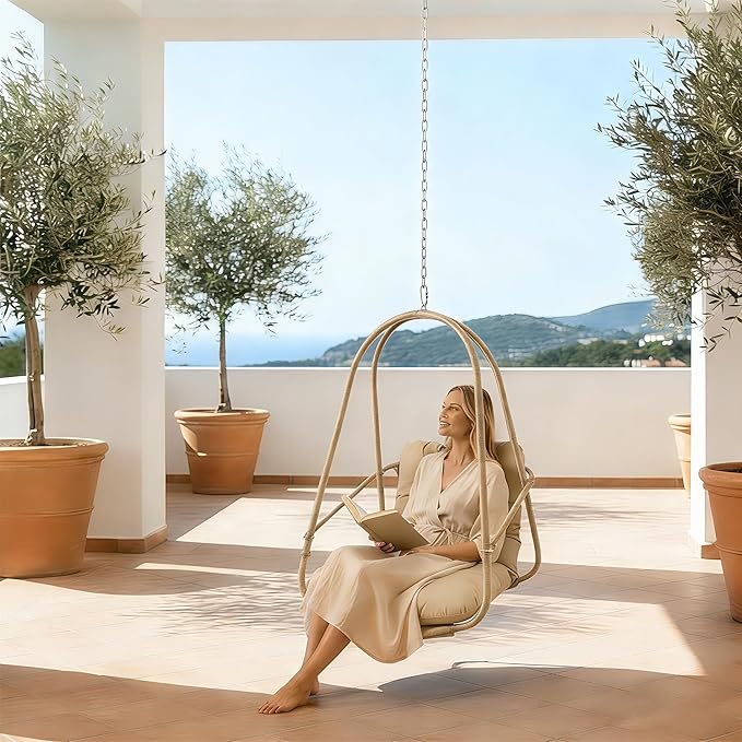 JESE Hanging Egg Chair with 304 Stainless Steel Hook: Indoor Woven Rattan Swing Chair Foldable Design Cup Holder &amp Cushion 350lb Weight Capacity for Balcony Garden PatioKhaki