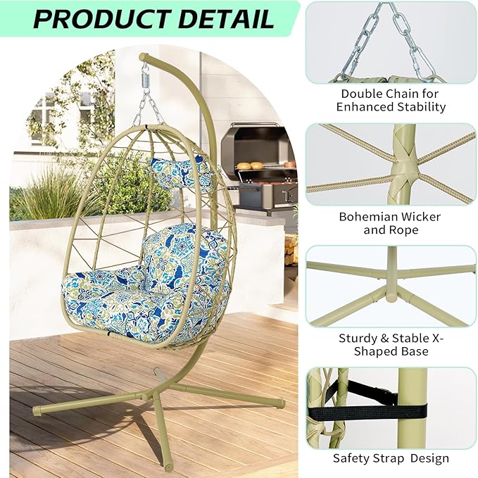 Hanging Egg Chair with Stand Outdoor Indoor Patio Rattan Swing Hammock Chairs with Washable Cushion PE Wicker Swing Chair for Backyard Bedroom Garden (Cyan + Floral Cushion No Footrest)
