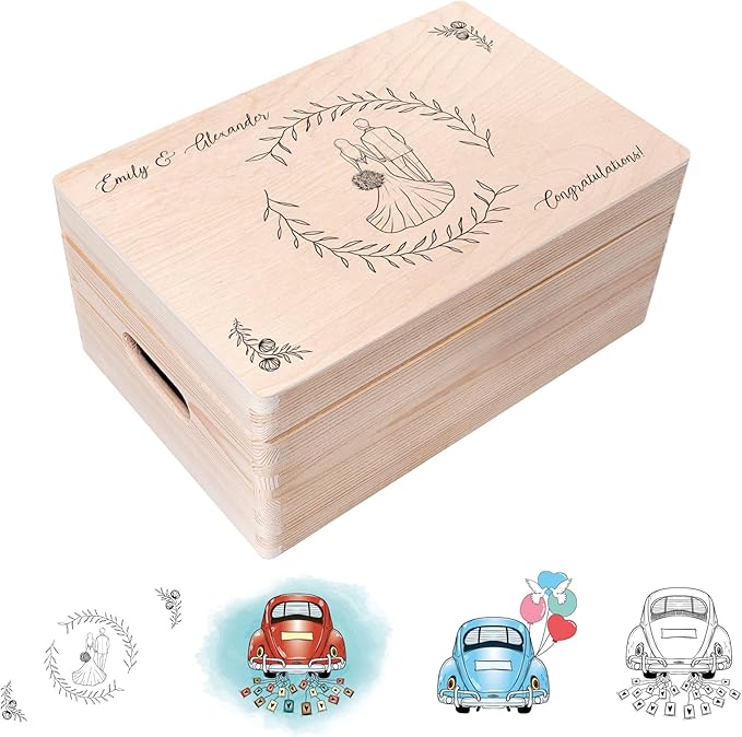 Creative Deco Personalized Wooden Storage Box Wedding Box | 11.8x7.87x5.51in (+-0.5) | Multiple Choice | Hinged Lid Handles Engraving | Gift Box | UNSANDED Keepsake Souvenir Chest