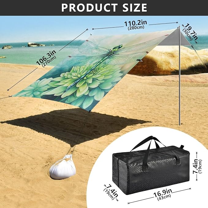 ALAZA Green Dragonfly Flowers Art Beach Tent Sun Shelter Portable Canopy Sunshade for Outdoor Camping Picnics Backyard Fun 10x9 ft